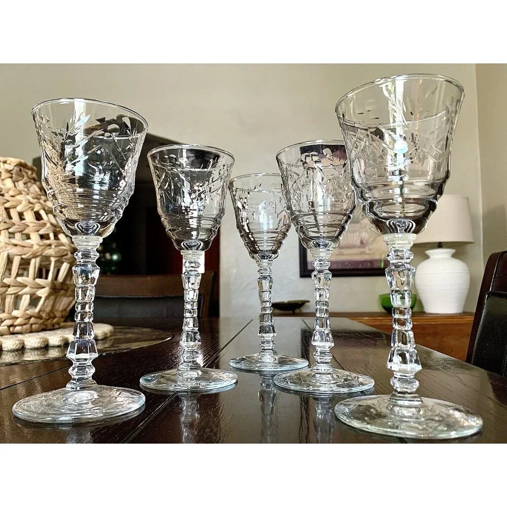 Vtg Libbey Rock Sharpe Artic Rose Crystal Water Goblets Set 5 Grandmillennial